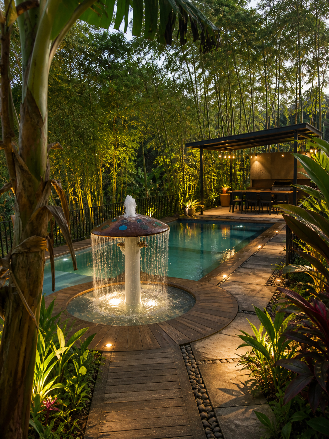 Piscina con fuente y entorno natural en Finca La Sirena