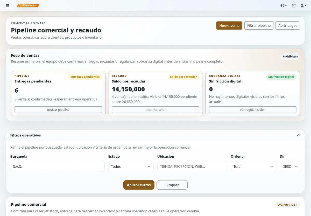 Pipeline comercial de FinaleSoft: entregas pendientes, saldo por recaudar y cobranza digital, con filtros operativos sobre las ventas.